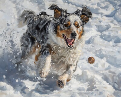 8x10 Matte Print_ Australian Shepherd Playing Fetch in Snow