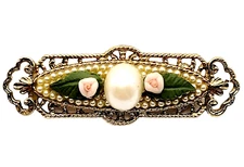 Art Nouveau Victorian Style Ornate Gold Tone Bar Faux Pearl Floral Brooch Pin
