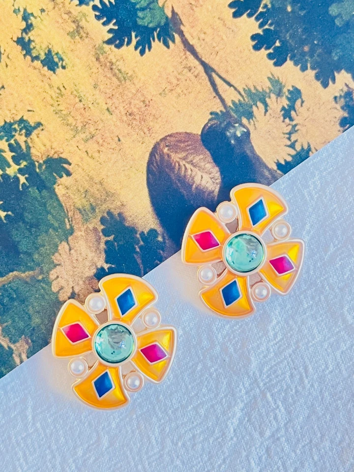 Cristales cruzados perlas de diamantes azul marino rojo verde retro clip pendientes oro mujer ella Foto 2 de 4