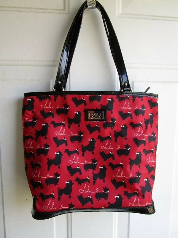 Lulu Guiness Tote Handbag Purse Red Dog Poodle Dachshund Scottie Wristlet EUC