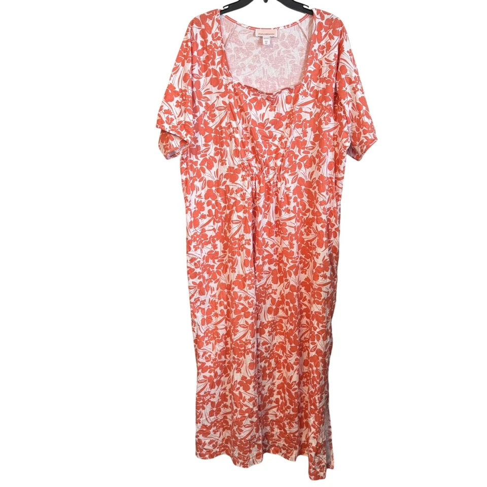 Vestido maxi Stan Herman feminino XL floral coral laranja e branco algodão - Imagem 2 de 4