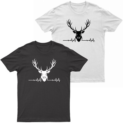 Herren T-Shirt Rundhals Hirsch EKG Logo Print Kurzarm Oberteil