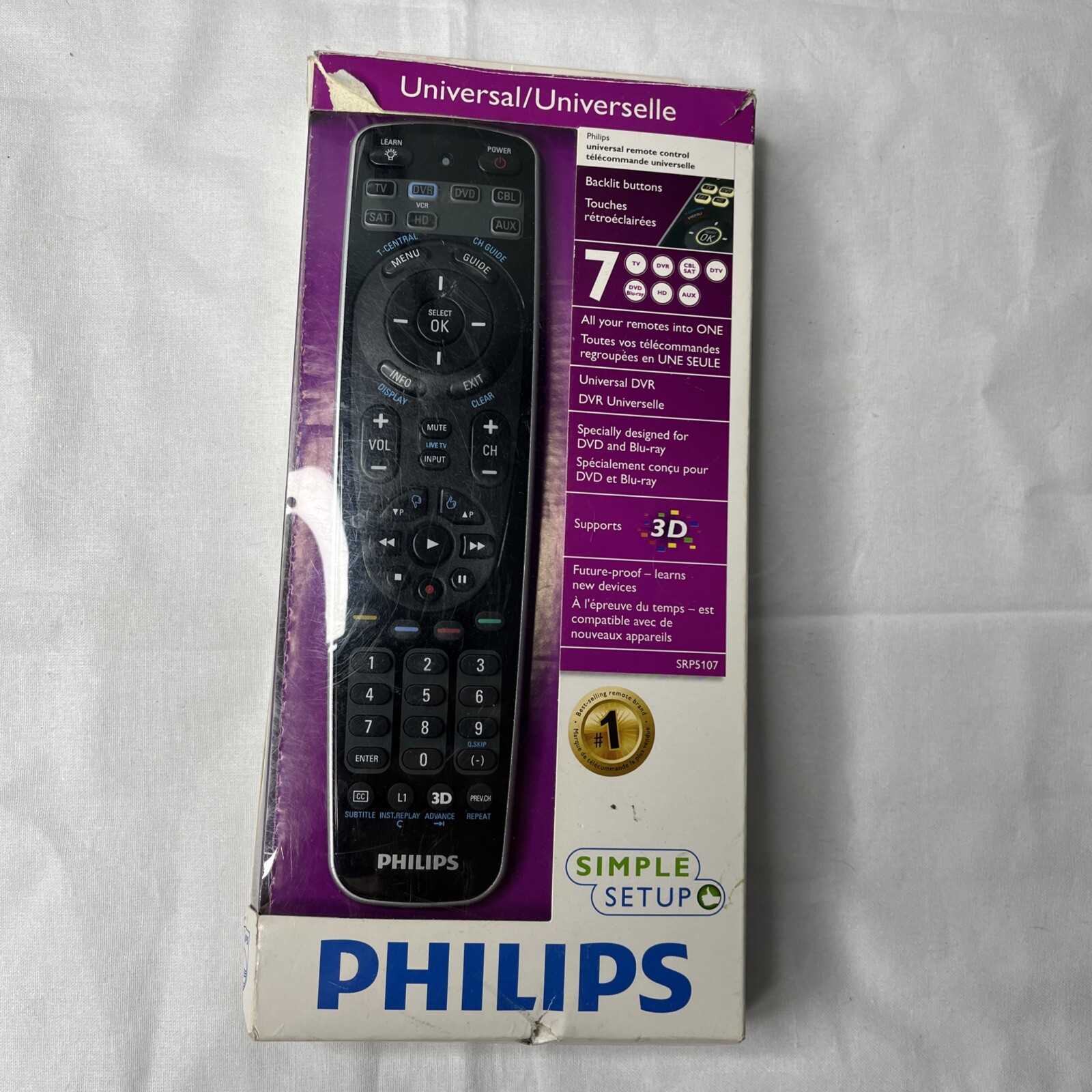 Philips SRP5107 Universal Remote Control for 7 Devices with Easy Setup and Backlit Display