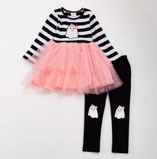 NEW Boutique Halloween Ghost Tunic Tutu Dress Leggings Girls Outfit Set