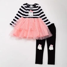 NEW Boutique Halloween Ghost Tunic Tutu Dress & Leggings Girls Outfit Set