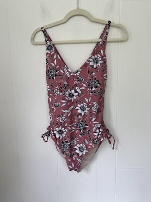 Kona Sol Medium Coverage One Piece Swimsuit Tie Sides Floral Pink Dusty Rose ~ M