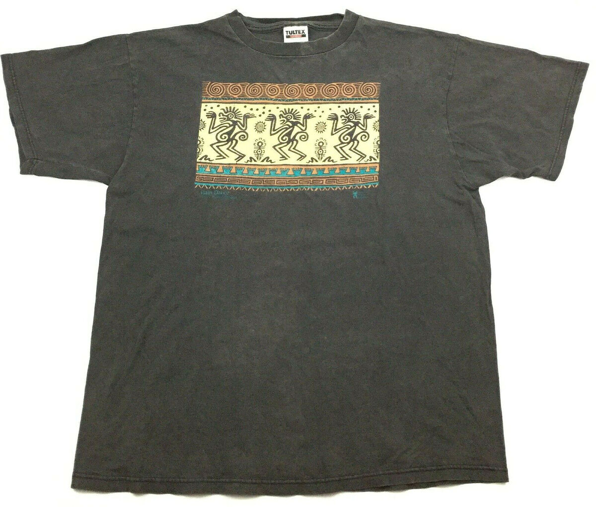 Vtg 90s Rain Dance Aztec Stamp Design T-Shirt Tribal Art Geo Vtg 90s Rain Dance Aztec Stamp Design T-Shirt Tribal Art Geo