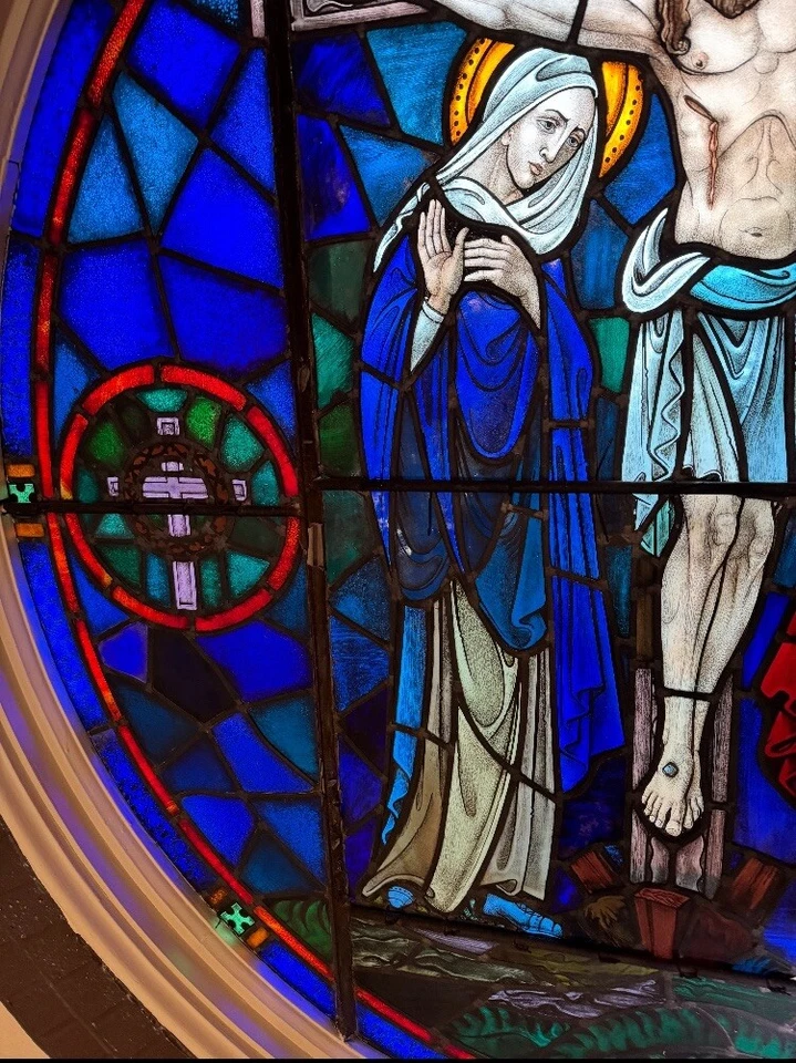 Lg Antique Stained Glass Church Window from Catholic Church Crucifixion 68”Dia - Image 3 of 4