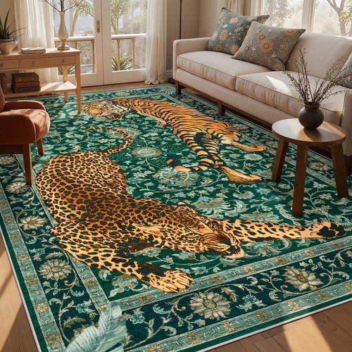 Tiger Print Washable Area Rugs 9x12 Living Room, Vintage Green Large ...