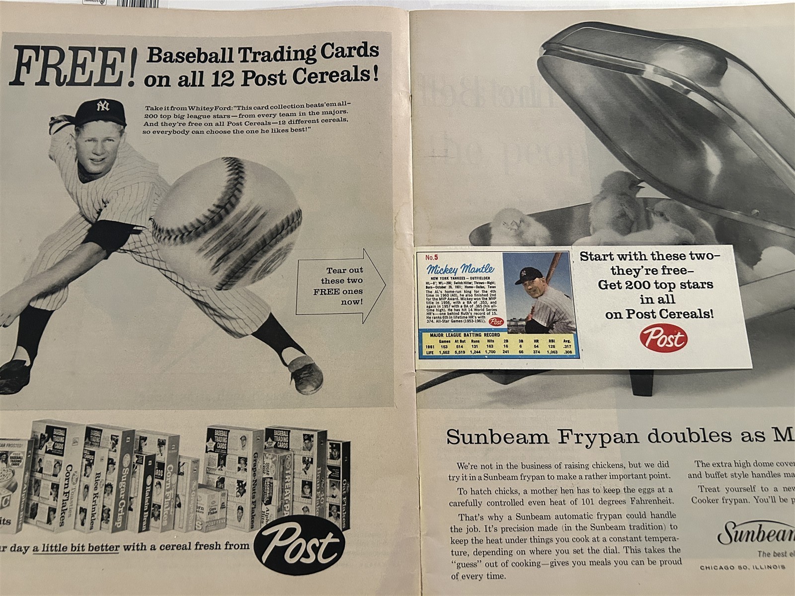 1962 LIFE Magazine MICKEY MANTLE Roger MARIS Post Cereal Cards NRMT Attached LIZ