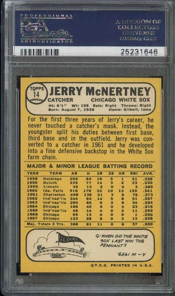 1968 TOPPS #14 JERRY MCNERTNEY PSA 9 WHITE SOX *B68185 - Image 2 of 2