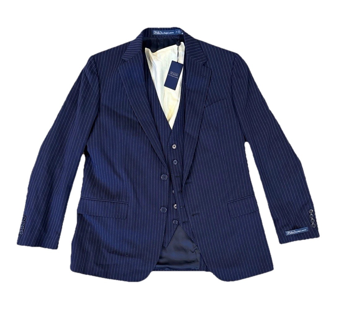 Polo RALPH LAUREN Navy White Silk Wool Blend 3 Piece Suit Size 38L Italy💥NWT💥 image 2