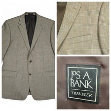 Jos A. Bank Tailored Fit Traveler 100 Wool Plaid Taupe Sport Coat 46L