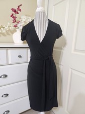 Susan Lawrence Black Soft Stretch Knit Full Wrap Midi Dress Short Sleeve Sz. PM