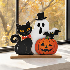 Halloween Wooden Tabletop Decor, Cute Spooky Shelf Sitter with Black Cat, Top Ha