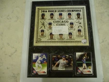 LESTER-RUSSELL-BAEZ '16 CUBS 16 CHAMPIONS 8x10 PHOTO & 3 CARDS ON A 12X15 PLAQUE