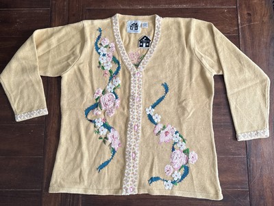 Storybook Knits  Fragrance of Rose  Yellow Floral Sequin Sweater Cardigan 1 X