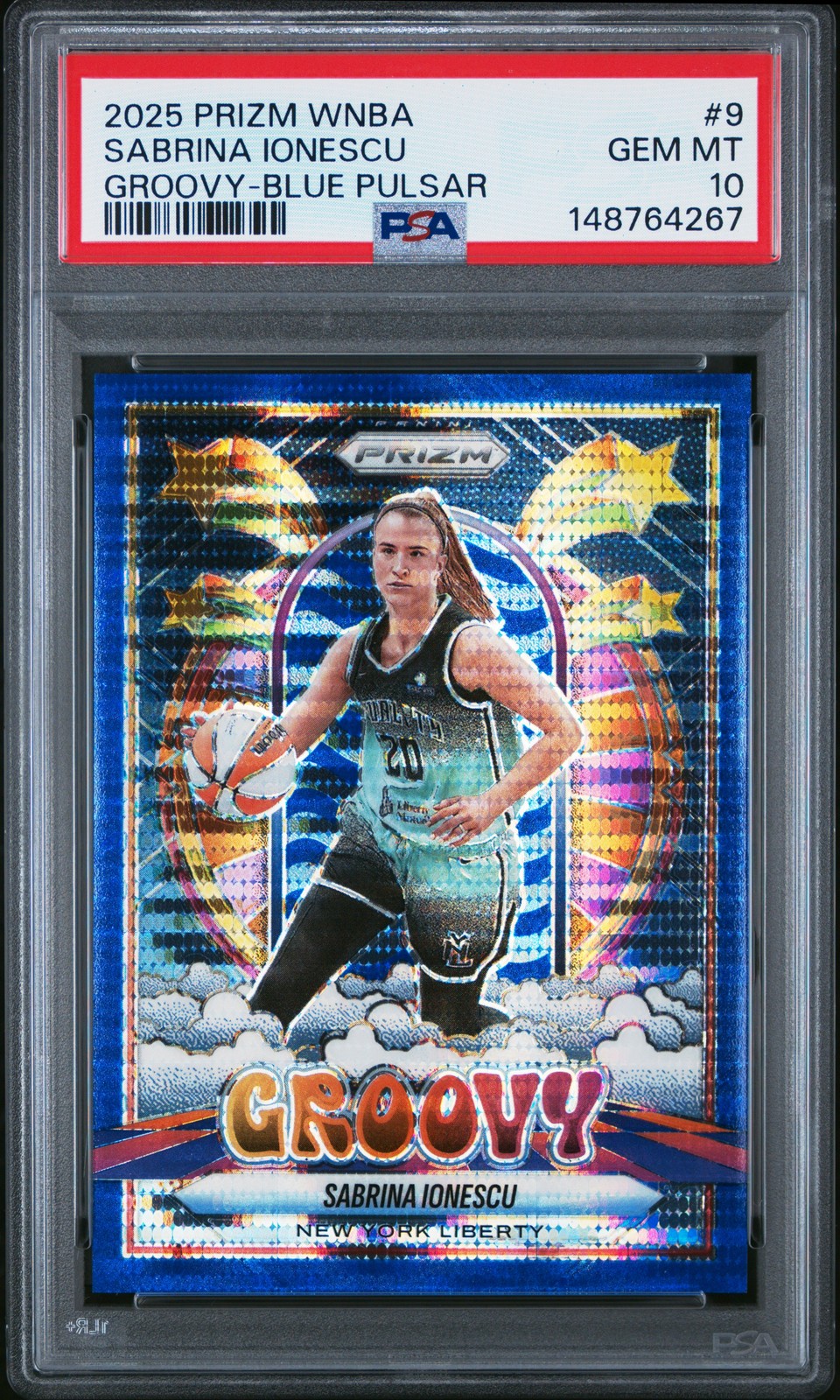 Sabrina Ionescu 2025 Prizm WNBA Groovy #9 Blue Pulsar /199 PSA 10 NY Liberty