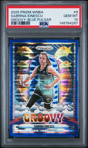 Sabrina Ionescu 2025 Prizm WNBA Groovy #9 Blue Pulsar /199 PSA 10 NY Liberty