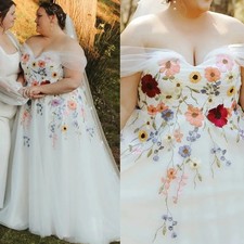 Plus Size A Line Wedding Dress Off Shoulder Colorful Floral Applique Bridal Gown