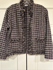 Chicos Tweed Blazer Black Pink Open Front Fringe Jacket Size 1 Pockets Lined