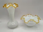 Fenton Gold Crest Vase and Bowl Crimped Edges Milk Glass