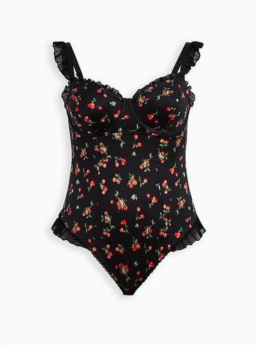 Torrid Cherries Bodysuit Underwire Ruffle Trim Black Red NWT New 4X