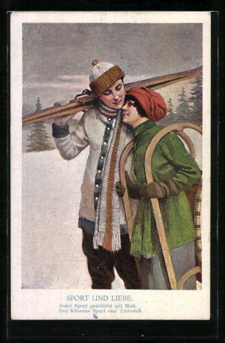 Carte postale sport et amour, chaque sport se fait sur mesure..., couples avec skis et sc  - Photo 1/2