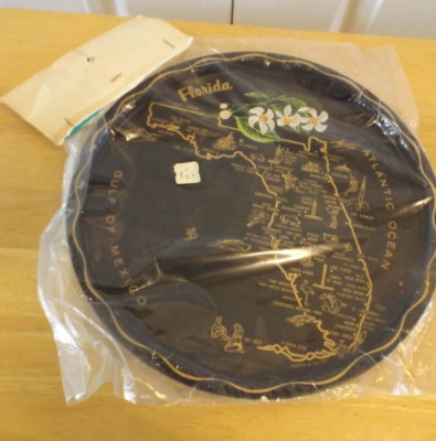 Florida VTG Souvenir Map Black Round Tin Metal Tray Plate 11'' NIP NOS