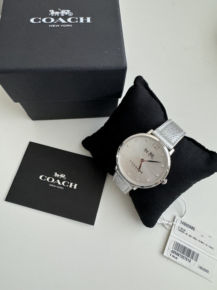 NIB COACH 14502685 Slim Easton Metallic Silver Leather Strap Women's Watch