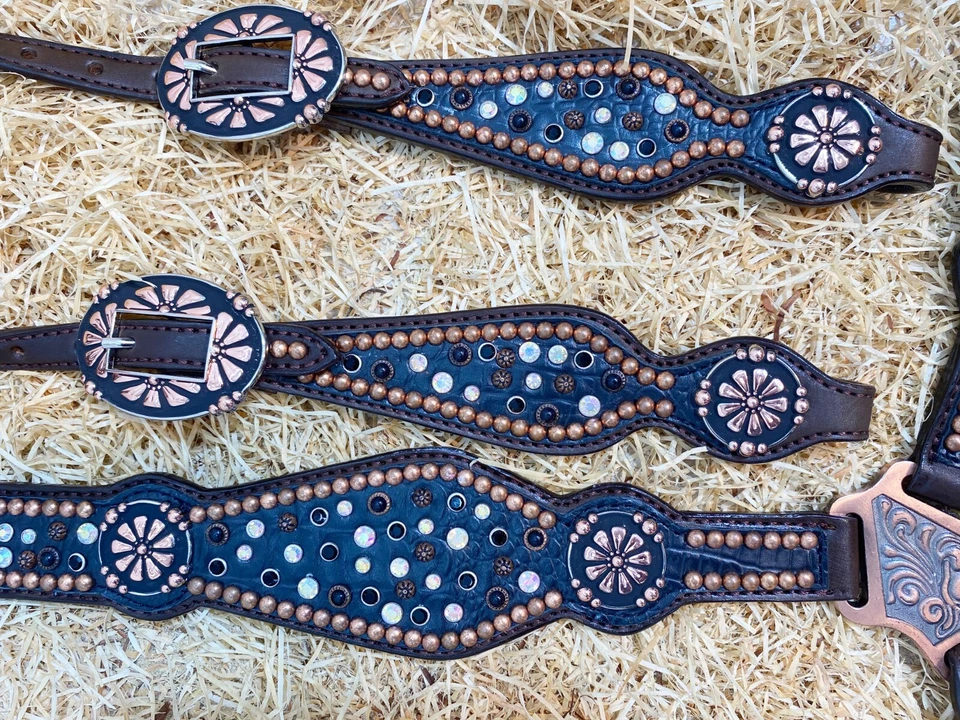 Leather Horse Headstall Set with Black Rhinestone Along with Copper Studs MOUSM - Image 4 of 4