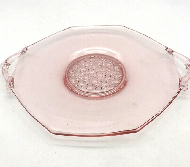 Pink Depression / Elegant Glass Octagon Shaped Plate Dish Two Handles