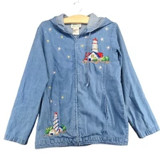 The Quacker Factory Women's Full Zip Hooded Denim Jacket XS Blue Lighthouse