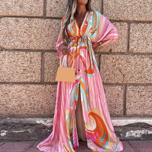 Women V Neck Floral Maxi Dress Button Up Split Holiday Beach Kaftan Plus Size - Bild 18 von 23