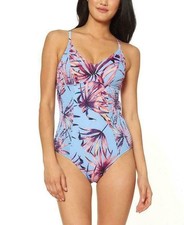 Jessica Simpson Women's Palmy Days Smocked Blue One-Piece Swimsuit, Size Medium