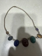 Vintage 1/20 12K Gold Filled GF Egyptian Revival Scarab Carved Stone Necklace