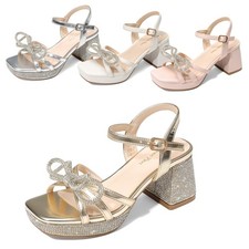 Girls Low Block Chunky Heels Heeled Sandals Open Toe Party Dress Sandals
