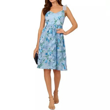 NWT Adrianna Papell Women's Flutter-Sleeve Embroidered Dress Blue SIZE 6