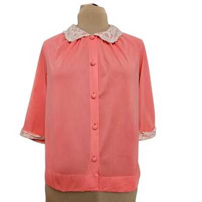 Vintage Gossard Artemis Coral Pink Lace Collar Button Front Bed Jacket Size 34