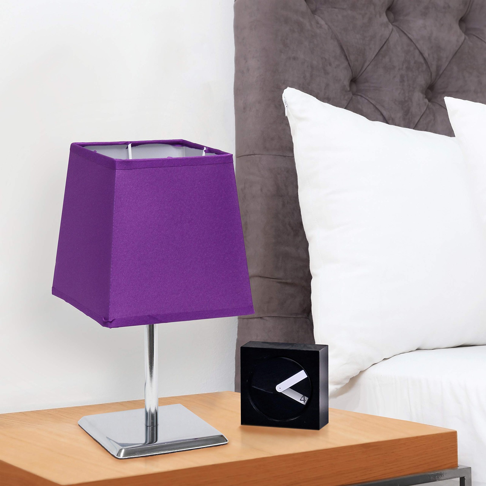 LT2062-PRP Mini Chrome Squared Empire Fabric Shade Table Lamp, Purple