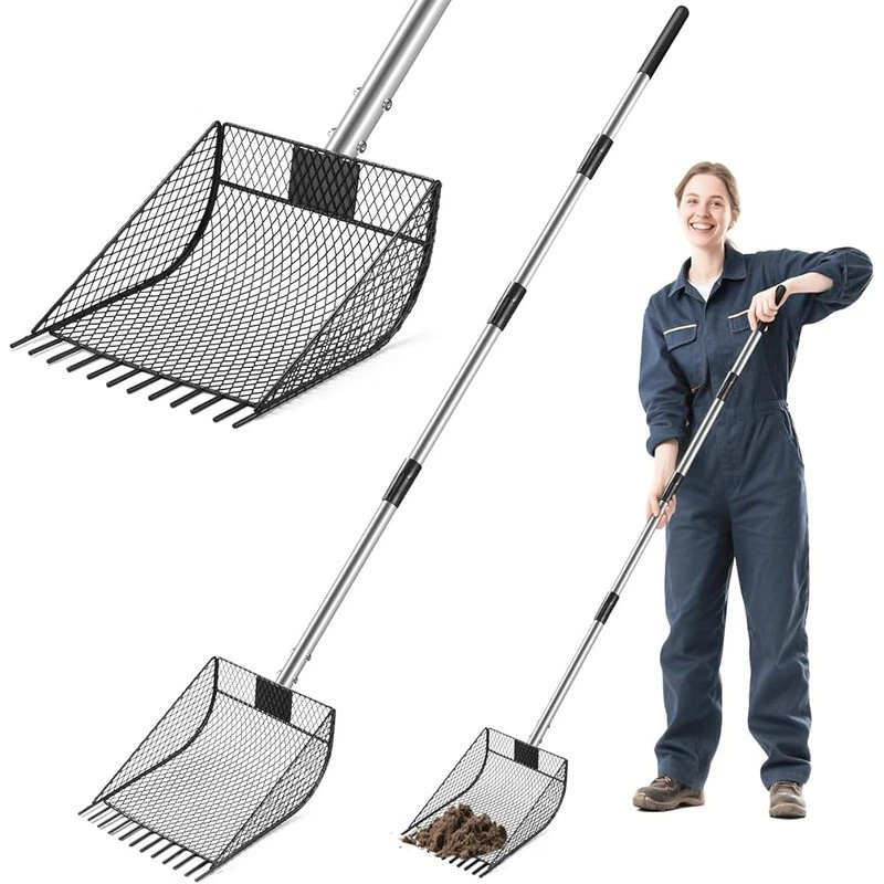 Rastrillo cuchara para caca de pollo 2 en 1 ajustable mango de acero inoxidable herramienta de jardín Foto 2 de 4
