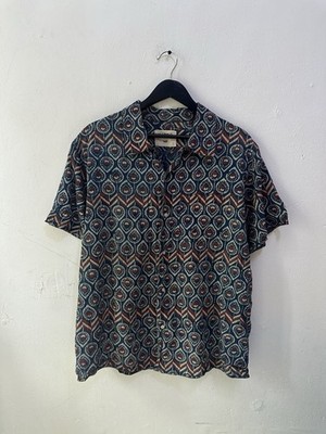 Kardo Handmade Indian Block Print Linen Shirt L Blue Red Short Sleeve