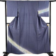 Japanese Silk Kimono S 160.5cm Bluish gray Grass and flowers Gradation Lined 472