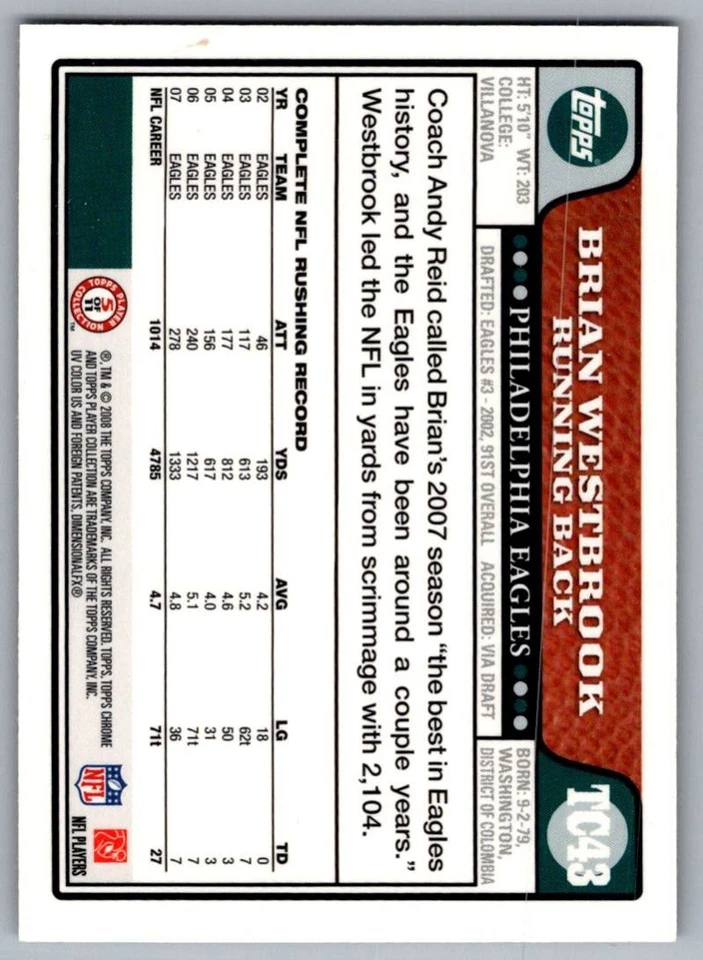 2008 Topps Chrome Brian Westbrook Philadelphia Eagles #TC43 - Image 2 of 2