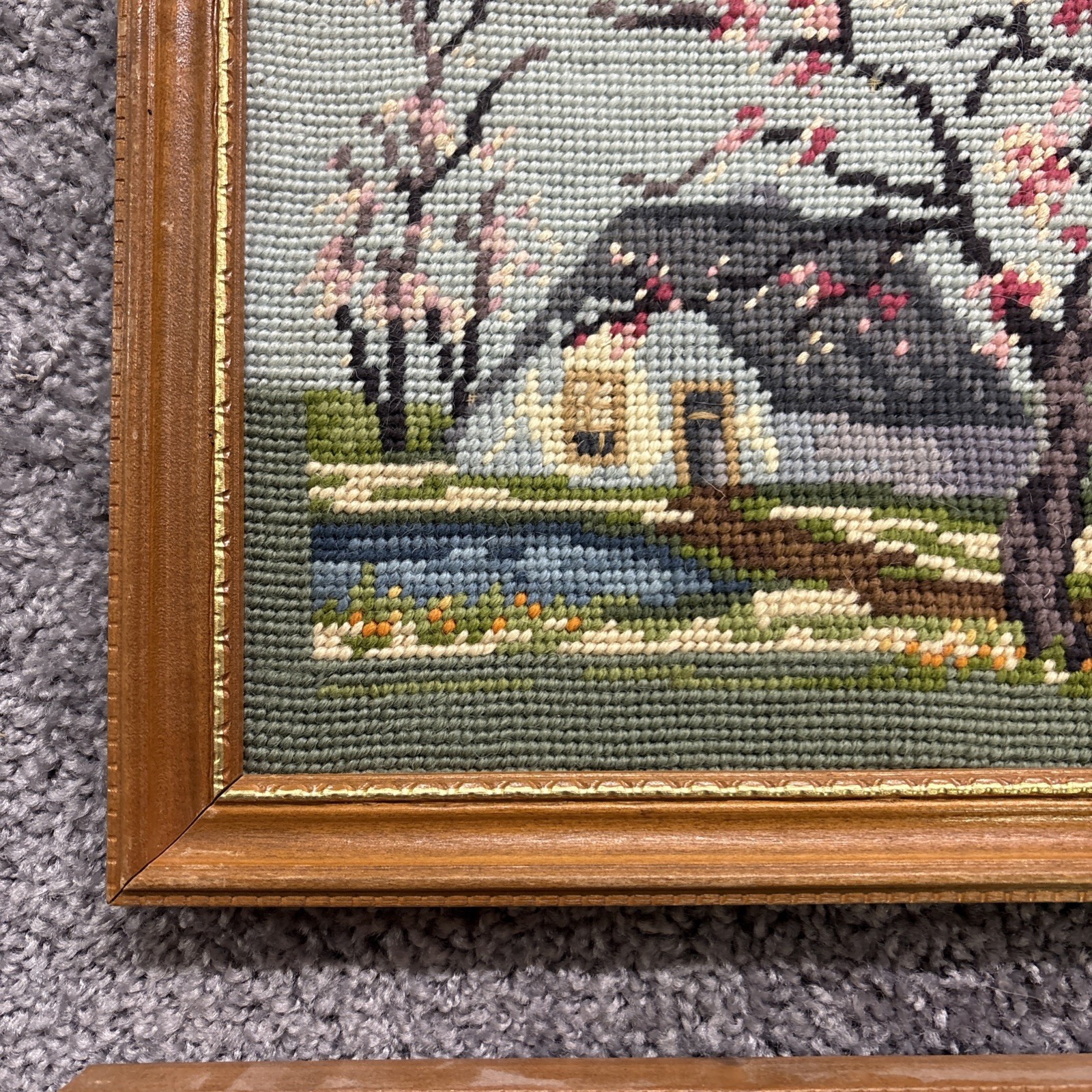 Four Season Needlepoint 11” Framed Pictures Winter Spring Summer Fall Signed