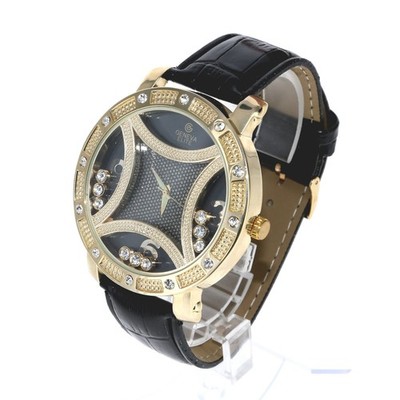 Hip Hop Men's Floating Multi-Color Stone, Gold Tone Leather Band Watch