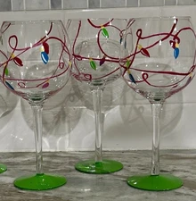 Wine Goblets Set of 3 Festive Lights Hand Painted Inspired Art -Read