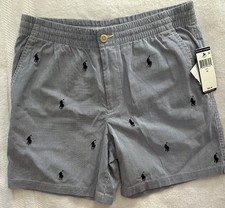 NWT Ralph Lauren Polo Prepster Pony Logos Blue Cotton Shorts Boy's 18 Seersucker