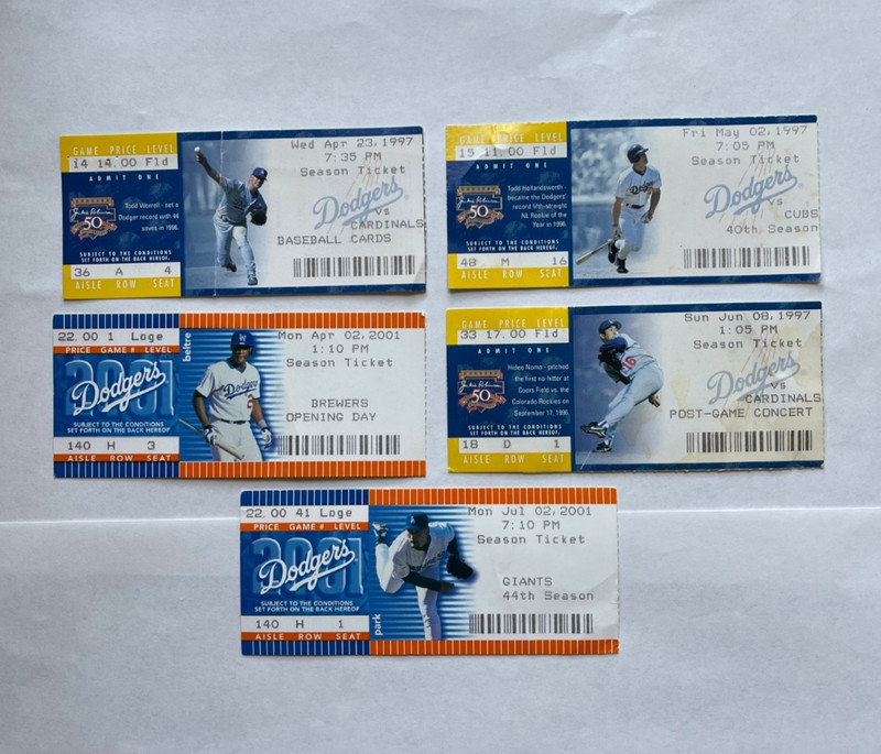 Lot of (5) Los Angeles Dodgers Ticket Stubs, 1997 & 2001