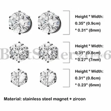 Stainless Steel Round Cut Clear CZ Magnetic Stud Earrings Non-Piercing Clip On